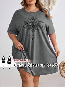 SHEIN CURVE+ Áo thun lễ hội âm nhạc cỡ lớn, Đầm tay ngắn cổ tròn màu trơn đơn giản và thoải mái cỡ lớn, thích hợp mặc vào mùa hè - Xám - Xem 1