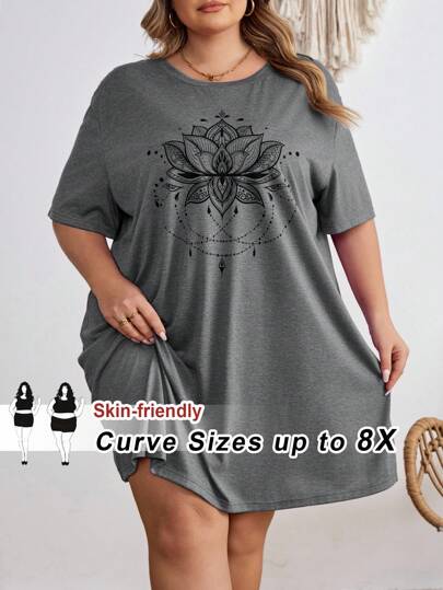 SHEIN CURVE+ Áo thun lễ hội âm nhạc cỡ lớn, Đầm tay ngắn cổ tròn màu trơn đơn giản và thoải mái cỡ lớn, thích hợp mặc vào mùa hè