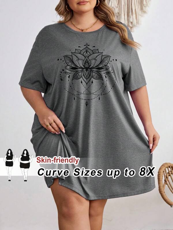 SHEIN CURVE+ Plus Size Music Festival T-Shirt, Casual And Simple Plus Size Lotus Clean Color Round Neck Loose Short Sleeved Dress, Suitable For Summer Wear