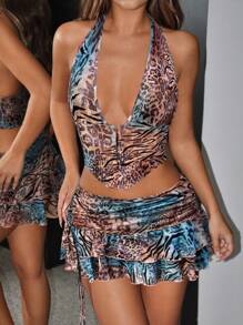 SHEIN ICON Bộ áo ba lỗ cổ yếm họa tiết da báo và chân váy ngắn - Nhiều màu - Xem 4