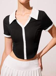Gameset SHEIN Sport 女式撞色领短袖单排扣短款运动 Polo 衫 - 黑與白 - 查看 7