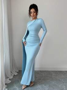 Elenzga 夏季新款天蓝色优雅派对生日宴会礼服，百搭裹腰褶皱长款女式连衣裙 - 藍色 - 查看 7