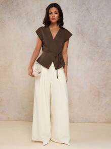 COSMINA Women's Elegant V-Neck Tie-Waist Camisole, Spring/Summer,Elegant Women's Blouses - Brown - View 5