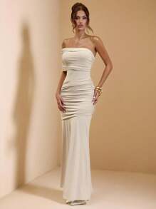 SHEIN BAE 秋季女式纯色杏色不对称肩部褶皱修身长裙/返校礼服/女式婚礼宾客礼服/适合度假、音乐节、生日、早午餐、伴娘、婚礼宾客、优雅礼服派对礼服 - 杏色 - 查看 3