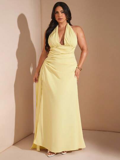 SHEIN BAE Christmas Plus Size V Neck Glamorous Elegant Charming Sexy Open Back Slit Evening Party Maxi Dress For Women, Graduation Dress Butter Yellow Dress,Modest Dresses For Women,Office Outfits For Women,Club Outfits Women Sexy ,Birthday Outfit,Date Night Outfits Women,Travel Outfit Airport ,Halloween Costumes,Fall Clothes Plus Size,Autumn,Back To School Clothes,Y2k Outfit ,Homecoming Dress,Concert,Wedding Guest Dress/ Plus Size Yellow Halter Dress/ Lemon Yellow Dress Plus Size