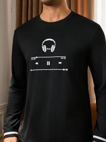 Manfinity Underwear&Sleepwear Basics 男士耳机印花长袖上衣和裤子睡衣套装，秋冬服装 - 黑色 - 查看 6