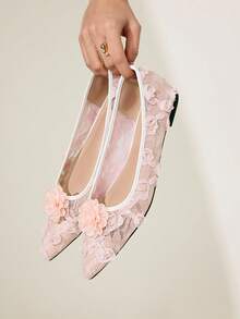 CUCCOO CHICEST 女士花卉尖头平底鞋，优雅甜美浪漫时尚舒适腮红粉色网眼礼服鞋，新娘婚礼宾客平底鞋，芭蕾平底鞋，适合婚礼、派对、约会、洛丽塔、生日、情人节 - 粉色 - 查看 5