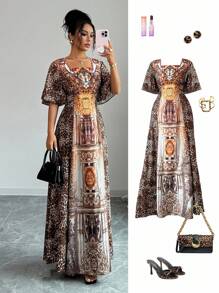 Elenzga Damen Retro Quadratischer Ausschnitt Braun Leopard & Palast Blumen Digital Muster Laternenbärmel Elegantes tailliertes loses A-Linien Lässig Langes Kleid, geeignet für Urlaub, Party, Sommer/Herbst