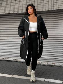 SHEIN EZwear Plus Size Casual Drawstring Waist Hooded Jacket, Spring/Autumn,Winter Black And White Anti Splash Water Medium Long Thin Jacket Fall - Black - View 3
