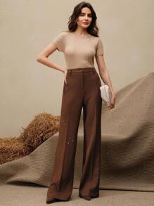 Anewsta High Waist Flare Leg Pants With Star Rhinestone Decor, Fashionable Urban Style - Brown - View 6