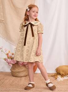 Blossori 年轻女孩法式优雅杏色领子刺绣泡泡袖连衣裙，春夏 - 卡其色 - 查看 5