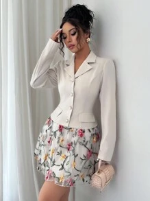 Elenzga 标准尺寸女士优雅刺绣花卉连衣裙（有领） - 杏色 - 查看 3