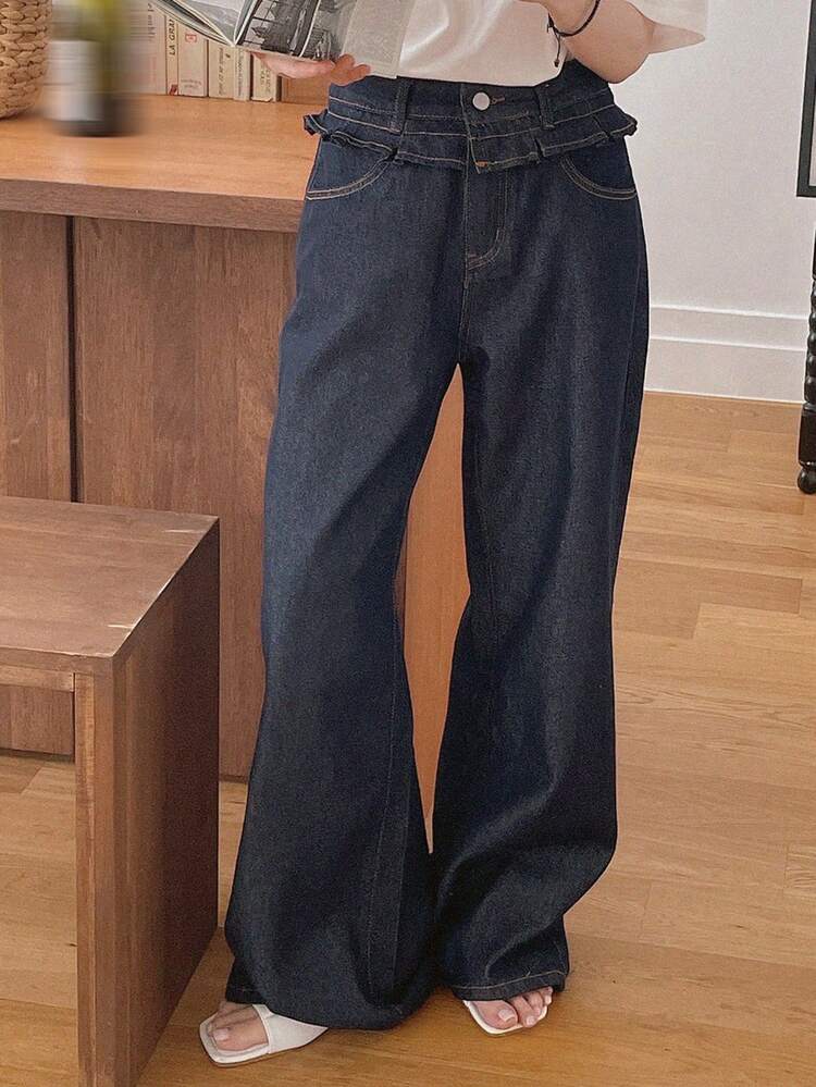 Dark Wash Blue Waisted Splice Ruffle Hem 2 In 1 Drawstring Loose Long Jeans, All Season