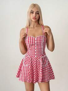 Sweetina 格纹露背交叉系带心形装饰女式迷你连衣裙 - 紅白色 - 查看 3