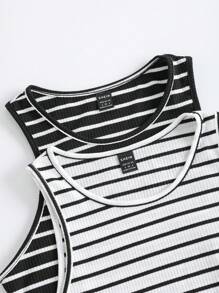 SHEIN EZwear 2 pezzi Set di top a canotta aderenti in tessuto a maglia a righe casual da donna, adatto per l'estate, uso quotidiano, versatile e confortevole