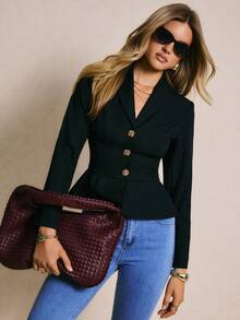 Poéselle 结构化荷叶边西装外套，搭配金色纽扣和束腰 | 量身定制的黑色办公室时尚夹克，女士办公室，万圣节，女士优雅纯色薄款西装外套，适合通勤，老钱风格，简约时尚，低调奢华夹克，办公室时尚，女士合身西装外套，女士秋季 - 黑色 - 查看 6