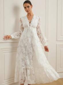 Aveloria Rosie Elegancka sukienka z długim rękawem i falbanką z przodu, z dekoltem w serek, minimalistyczna i modna - Biały - Zobacz 5