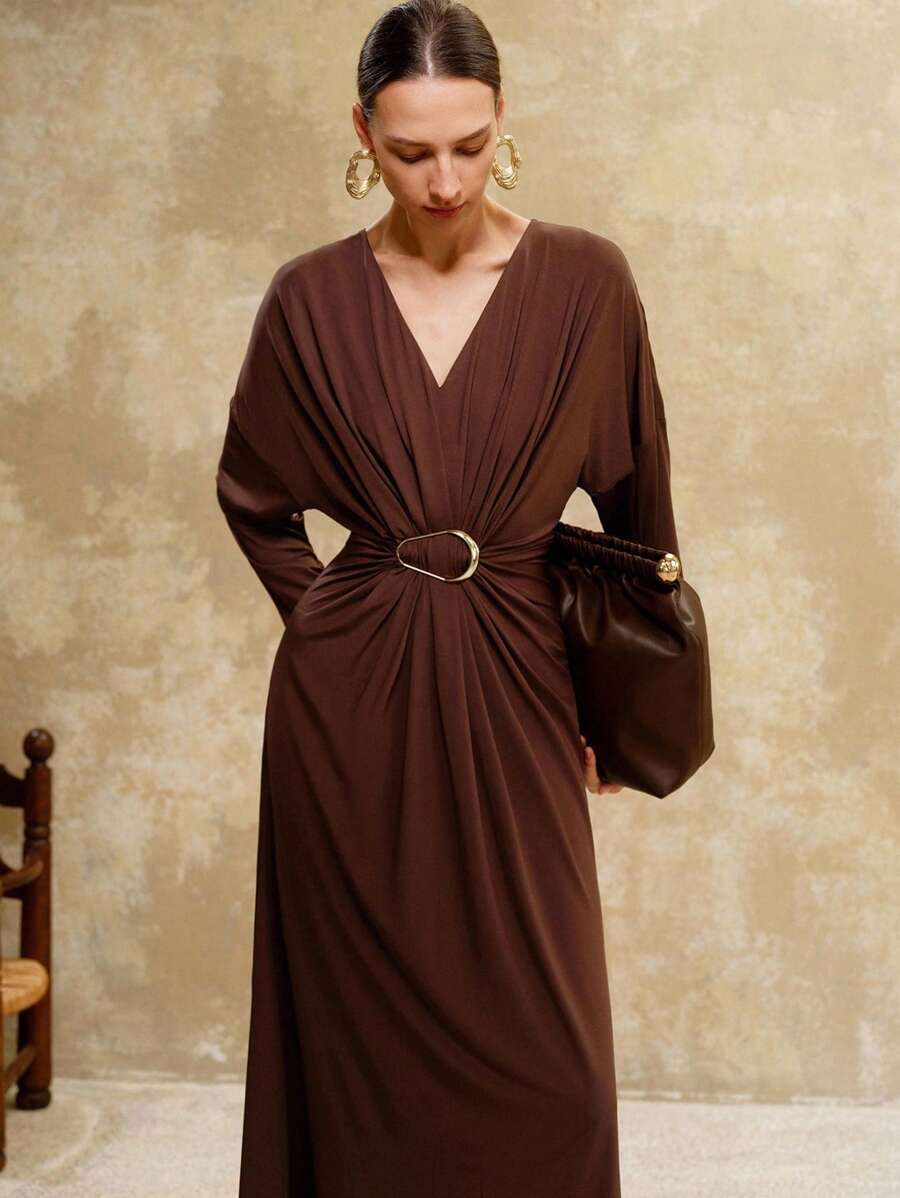 Revavyn Revavyn Women's Elegant Coffee Brown Autumn V-Neck Ruched Metal Button Waist Cinched Long Sleeve Maxi Dress,Urban Chic Brunch Outfits Maillard Style Clothes - Brown - View 1