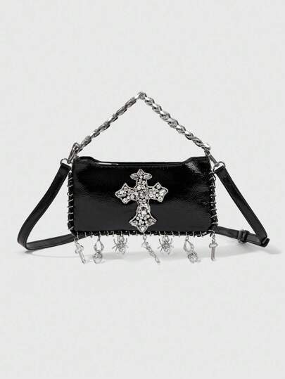 ROMWE Goth Fashionable Rhinestone Cross & Spider Decoration Messenger Bag