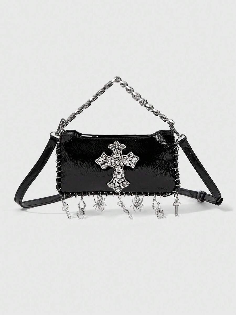 ROMWE Goth Túi đeo chéo đính đá thời trang hình thánh giá và nhện - màu đen - Xem 1