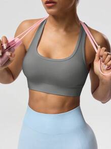 Easithlete Áo ba lỗ ngắn tập yoga không tay màu trơn cho nữ - Màu xám đen - Xem 3