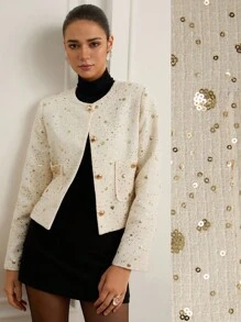 Revavyn Sequin Embroidery Decor, Tweed Fabric, Button Decor Minimalist Casual Short Pocket Decor Round Neck Jacket Fall Cloth For Women - Beige - View 1