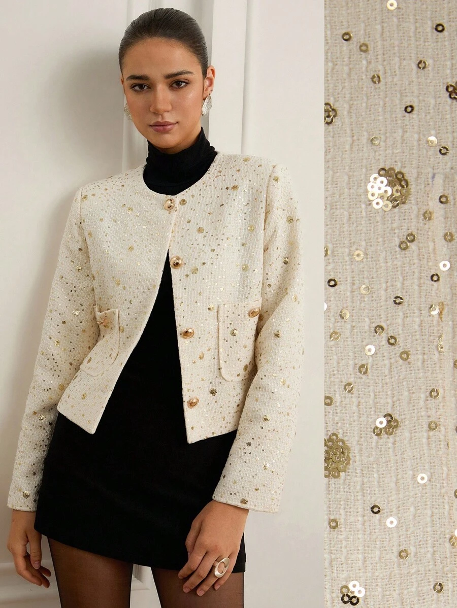 Revavyn Sequin Embroidery Decor, Tweed Fabric, Button Decor Minimalist Casual Short Pocket Decor Round Neck Jacket Fall Cloth For Women - Beige - View 1