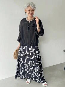 FRIFUL Women's Black Patchwork Sheer Mesh Hem & Cuff Loose Casual Jacket,Mother Of The Groom,Granny,Summer,Versatile Regular Coat For Travel&Vacation,Fall - Black - View 2