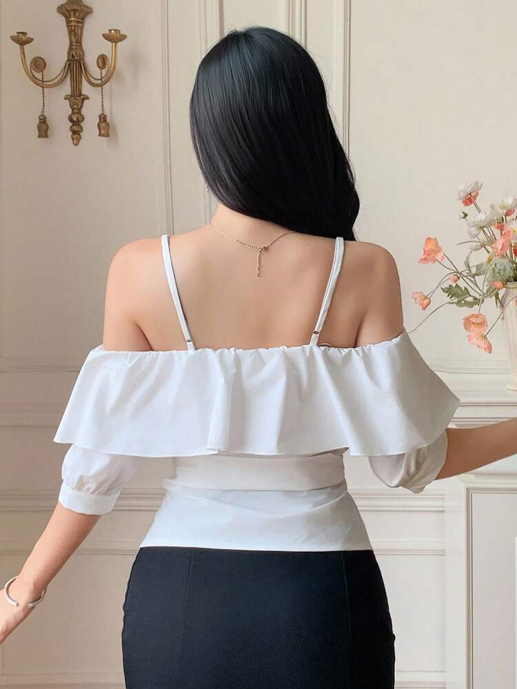 Women's Elegant Contrast Lace Ruffle Hem Blouse, Summer