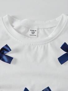 2pcs/Set Girls' Sweet & Cute Bow Decor T-Shirt & Pink Denim Skirt Casual Outfit - Dark Wash - View 7