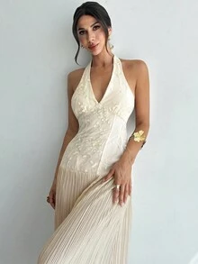 Firerie Women's Elegant Romantic Delicate Daily Vacation Party Ball Halter Backless Embroidery Textured Fabric Bodycon Pleated A-Line Apricot Maxi Dress, Summer