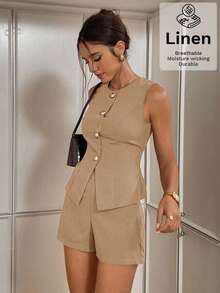 Siren Gaze Conjunto de chaleco y pantalones cortos de un solo botonadura de unicolor para mujer en otoño/invierno