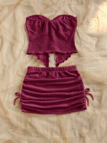 SHEIN Tween Girl Loose Casual Minimalist Comfortable Asymmetric Hem Tank Top And Skirt 2 Pieces Set