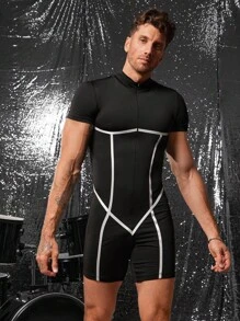 FeverCity 男士前拉链短袖休闲连体裤 - 黑色 - 查看 3