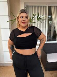 magalhaesca Áo thun Plus size Cắt ra Xù cắt Tương phản Mesh màu trơn Gợi cảm - màu đen - Xem 6