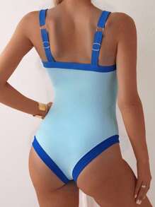SHEIN Swim 一件式撞色拼接连体泳衣，适合海滩度假 - 藍色 - 查看 2