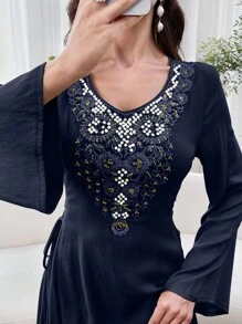 Al Najma Vestido casual de manga larga con decoración de perlas falsas, de estilo árabe modesto para mujer - Azul Marino - Ver 7