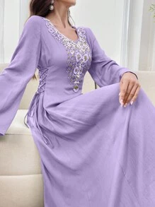 Al Najma Women's Floral Print Decorated Long Sleeve Side Tied Arabian Dress - Purple - View 8