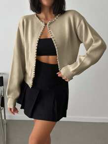 EURMUSE Women's Short Pearl Embellished Cardigan Sweater - Beige - View 3