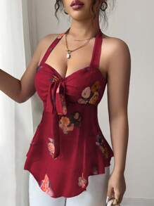 Elenzga 女式夏季细肩带弹力网眼休闲度假热带印花无袖吊带背心，修身，性感 - 紅色 - 查看 5