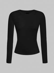 SHEIN EZwear Bộ 2 áo thun cổ tròn tay dài ôm sát thoải mái, phù hợp cho mùa thu/đông - màu đen - Xem 5
