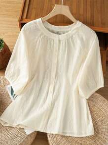 Rusticease 休闲度假纯色刺绣插肩袖衬衫 - 白色 - 查看 6