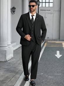 Manfinity Mode Conjunto de traje de blazer, chaleco y pantalones de unicolor para hombres de talla grande, formal, para ceremonia - Negro - Ver 3
