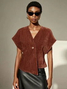 Aveloria Modichic Minimalist Deconstructed Oversized V-Neck Single Button Blouse, Asymmetrical Hem Design, Sleeveless, Suitable For Work, Autumn - Brown - View 3