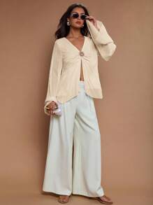 COSMINA Áo cánh tay loe xếp ly voan thanh lịch dành cho nữ, mùa xuân/hè - Màu Khaki - Xem 5