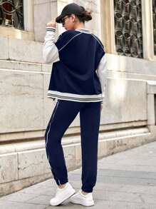SHEIN Tall 100% Cotton Letter Graphic Drop Shoulder Bomber Jacket & Drawstring Waist Sweatpants - Navy Blue - View 2