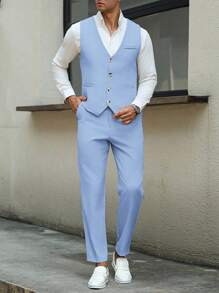 Manfinity Mode 男士商务正装纽扣前开襟马甲西装外套和定制长裤，男士马甲西装服装两件套淡蓝色西装男士圣诞夜惊魂浅蓝色裤子优雅装扮浅蓝色西装礼服西装，老钱风格 - 淺藍色 - 查看 6
