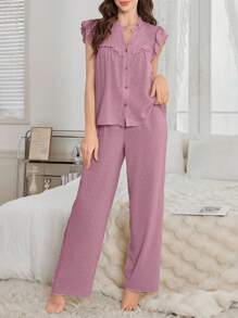 Conjunto de pijama de mujer con cardigan de cuello en V con volantes y estampado de lunares jacquard y pantalones - Rosa vieja - Ver 3