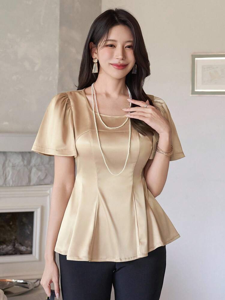 Women's Solid Color Round Neck Short Puff Sleeve Fashion Blouse