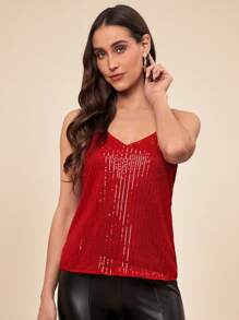 Amorya Women's Sparkly Party Tank Top - Red - View 4